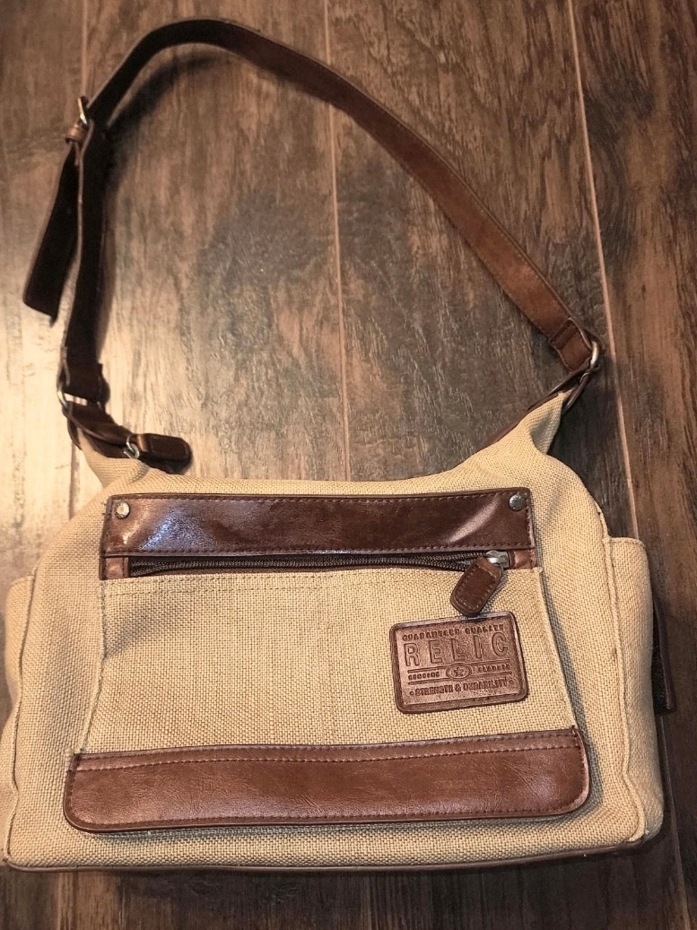 Relic Beige Fabric with Chocolate Brown Faux Leather Trim Shoulder Bag